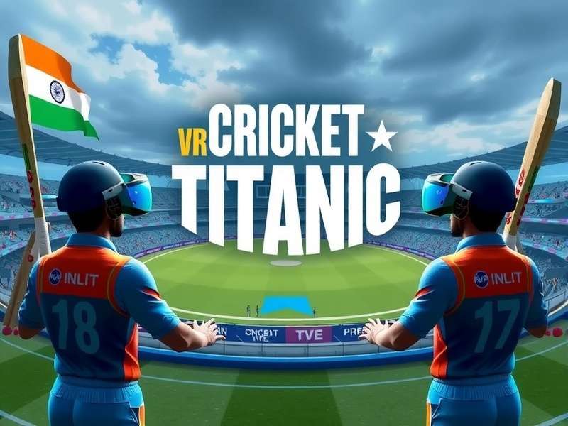 VR Cricket Titanic Tussle Cover Art VR Cricket Titanic Tussle game cover featuring Indian cricket stadium and players in VR gear